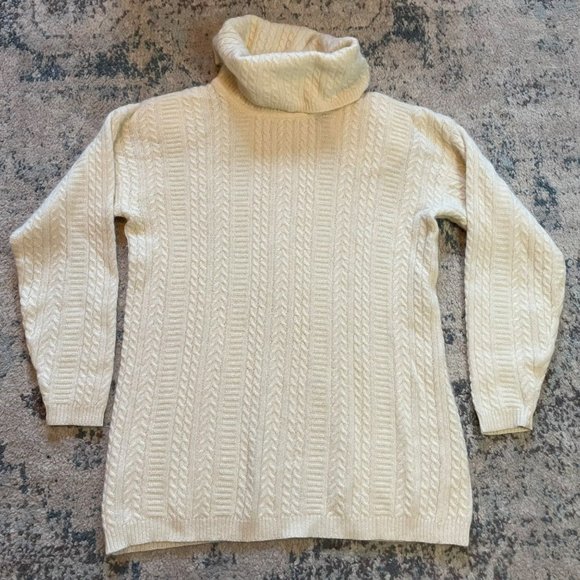Jeanne Pierre | Vintage Cable Knit Lambs Wool Angora Cream Turtleneck Sweater S - Picture 1 of 8